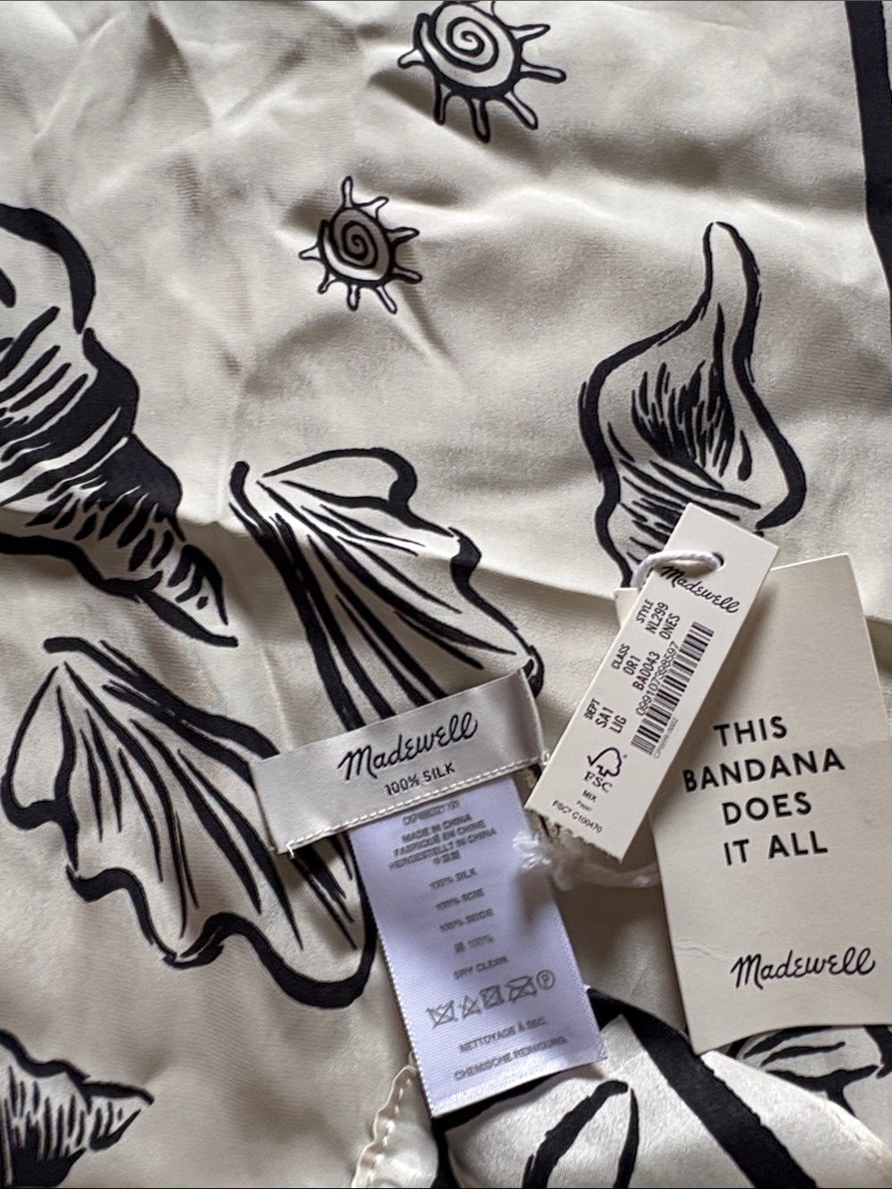 Madewell Silk Bandana Scarf Women New Sea Shell Nautical black white NWT